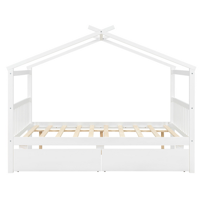Full size wooden house bed with built-in drawers from Start2Finish, featuring a cozy house-shaped headboard and storage drawers.