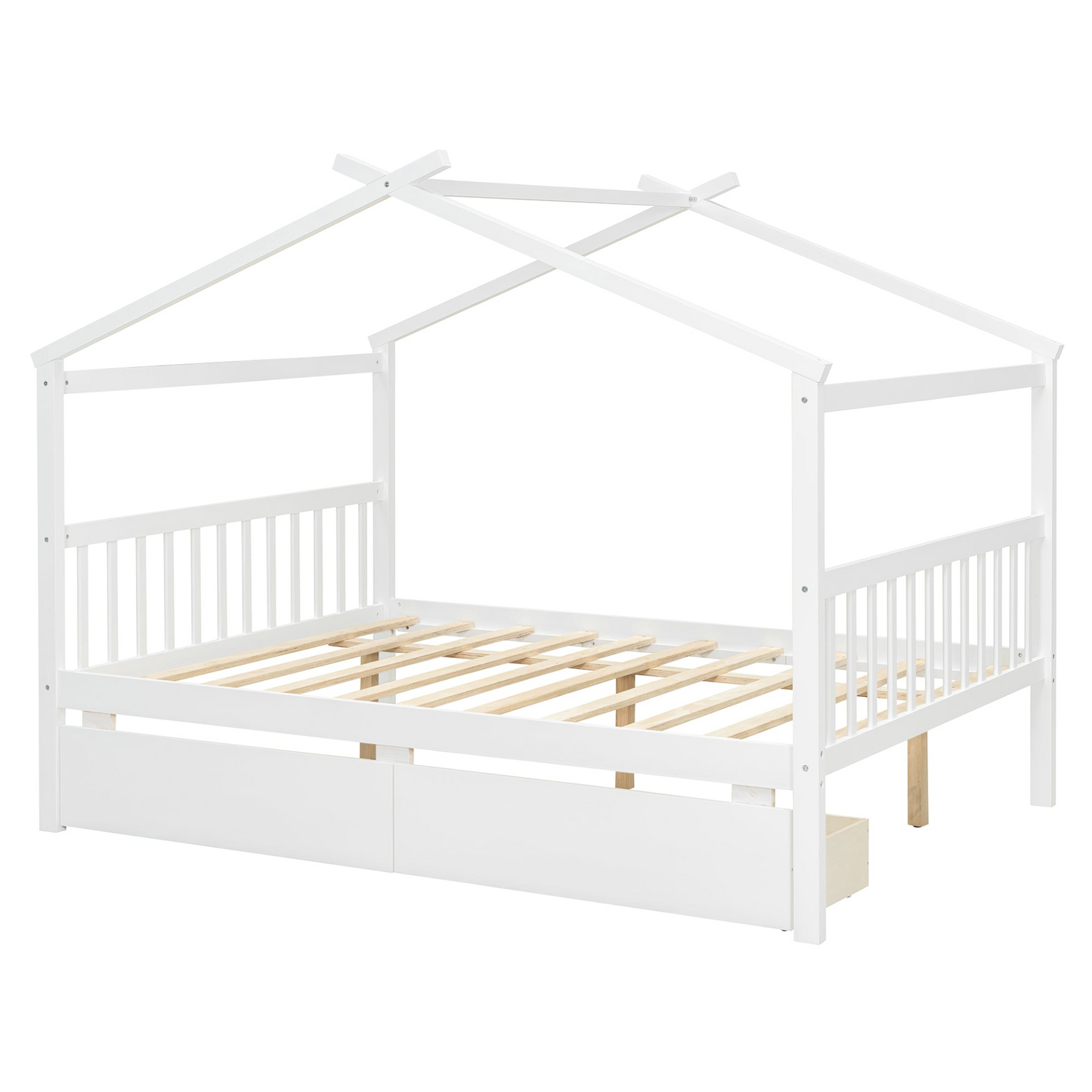 Full size wooden house bed with built-in drawers, sturdy design and cozy house-shaped frame by Start2Finish.