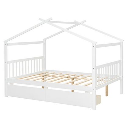 Full size wooden house bed with built-in drawers, sturdy design and cozy house-shaped frame by Start2Finish.