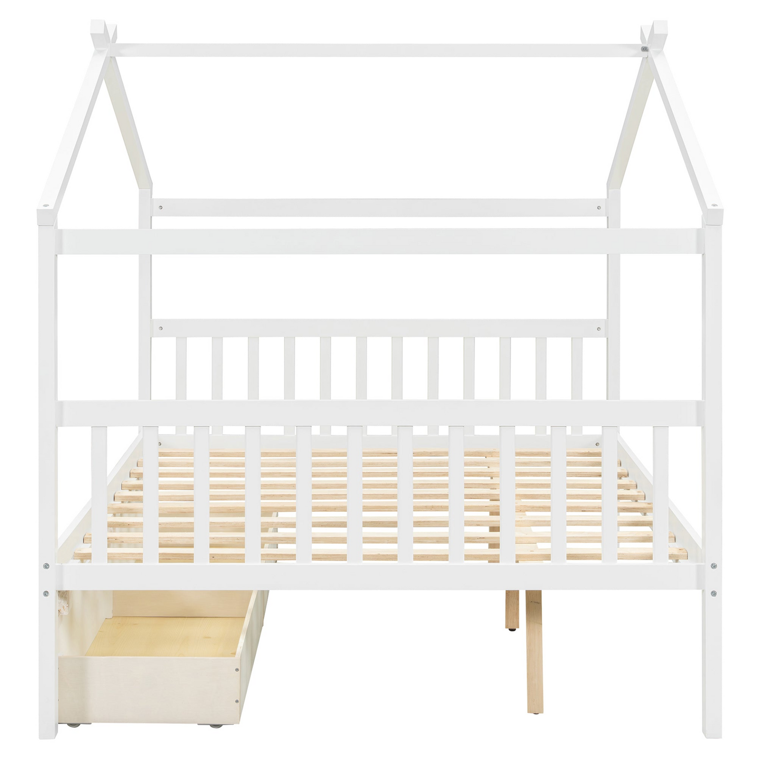 Full size wooden house bed with built-in drawers from Start2Finish, featuring a cozy cabin design and storage drawers underneath.