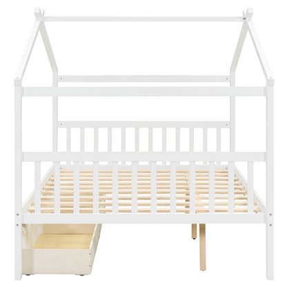 Full size wooden house bed with built-in drawers from Start2Finish, featuring a cozy cabin design and storage drawers underneath.