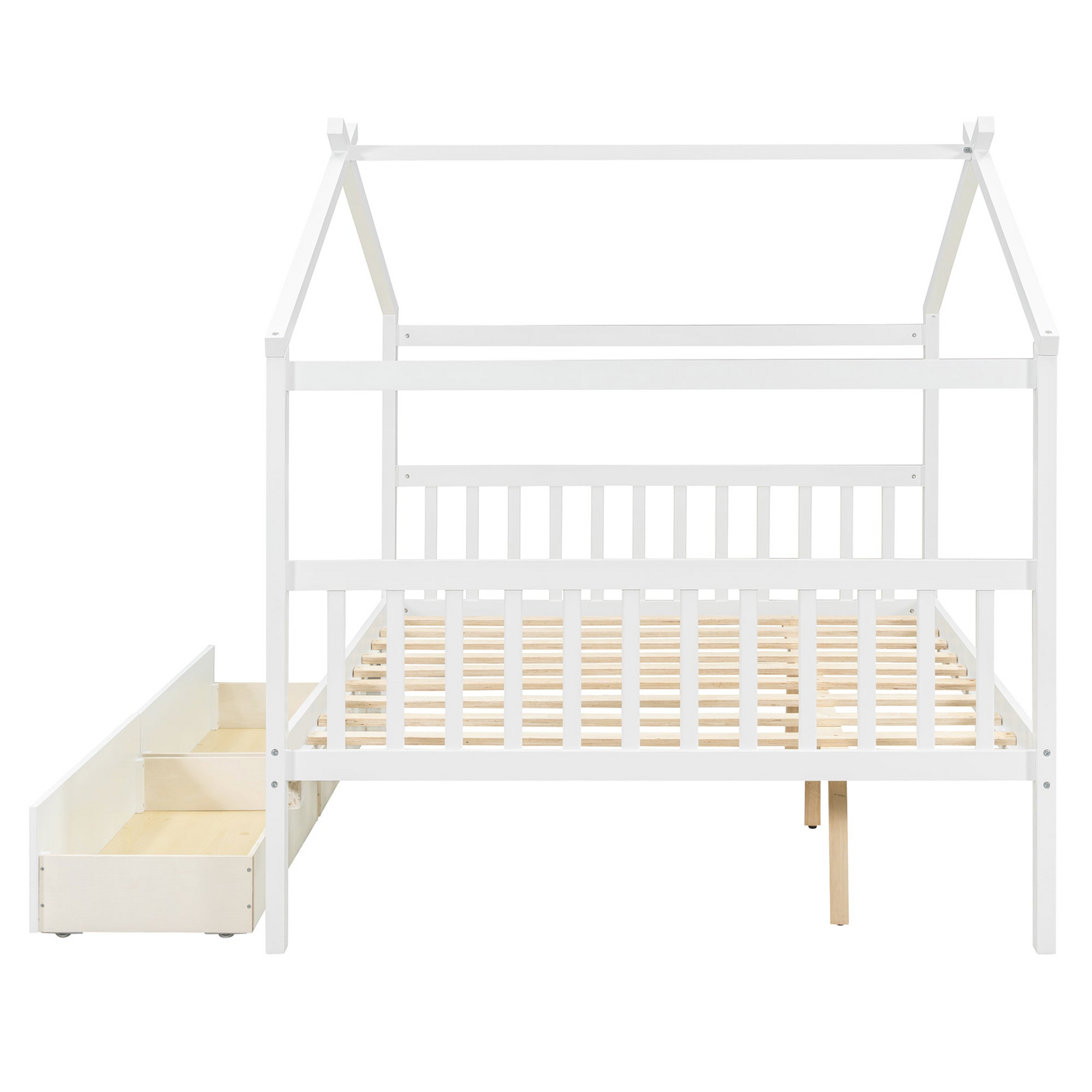 Full size wooden house bed with built-in drawers from Start2Finish, featuring a cozy house-shaped headboard and storage drawers.