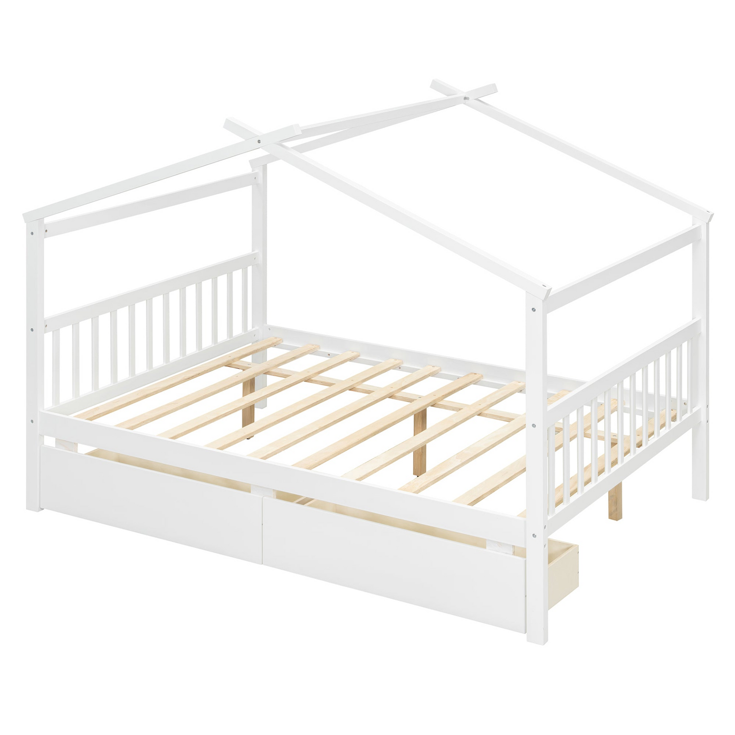 Full size wooden house bed with built-in drawers by Start2Finish, featuring a charming house-shaped design and storage drawers underneath.