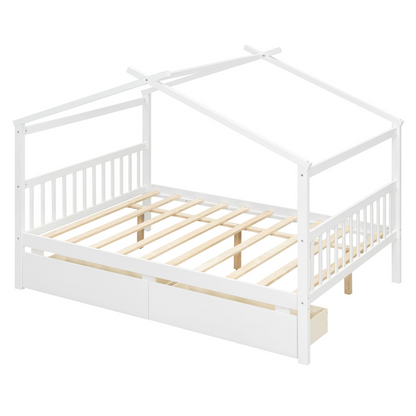 Full size wooden house bed with built-in drawers by Start2Finish, featuring a charming house-shaped design and storage drawers underneath.