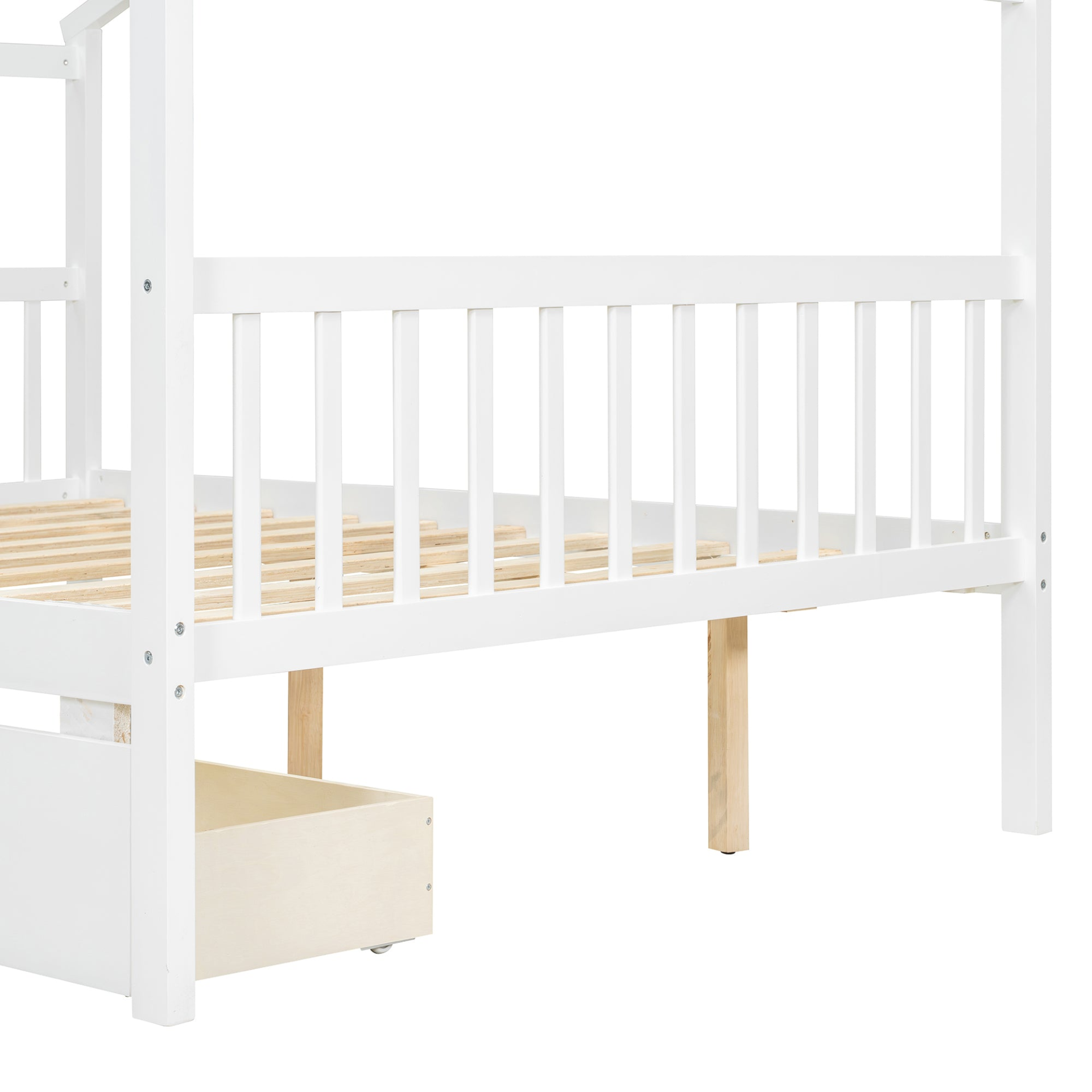 Full size wooden house bed with built-in drawers by Start2Finish, featuring a cozy house-shaped design and storage drawers underneath.