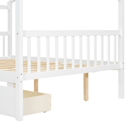Full size wooden house bed with built-in drawers by Start2Finish, featuring a cozy house-shaped design and storage drawers underneath.