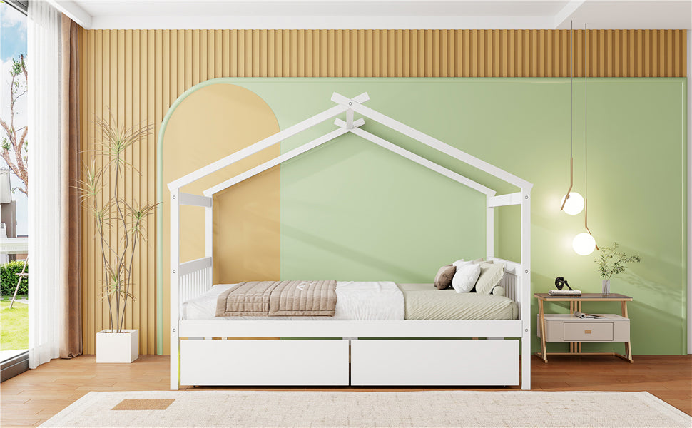 Full size wooden house bed with built-in drawers, natural finish, and playful house-shaped design by Start2Finish.