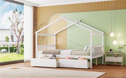 Full size wooden house bed with built-in drawers from Start2Finish, featuring a cozy house shape and ample storage drawers.