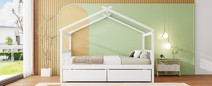 Full size wooden house bed with built-in drawers by Start2Finish, featuring a cozy house-shaped design and storage drawers underneath.