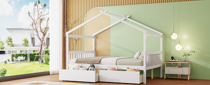Full size wooden house bed with built-in drawers from Start2Finish, featuring a cozy house-shaped design and storage drawers.