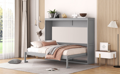 Start2Finish full size and queen size Murphy wall bed folded against the wall with wood finish and built-in storage.