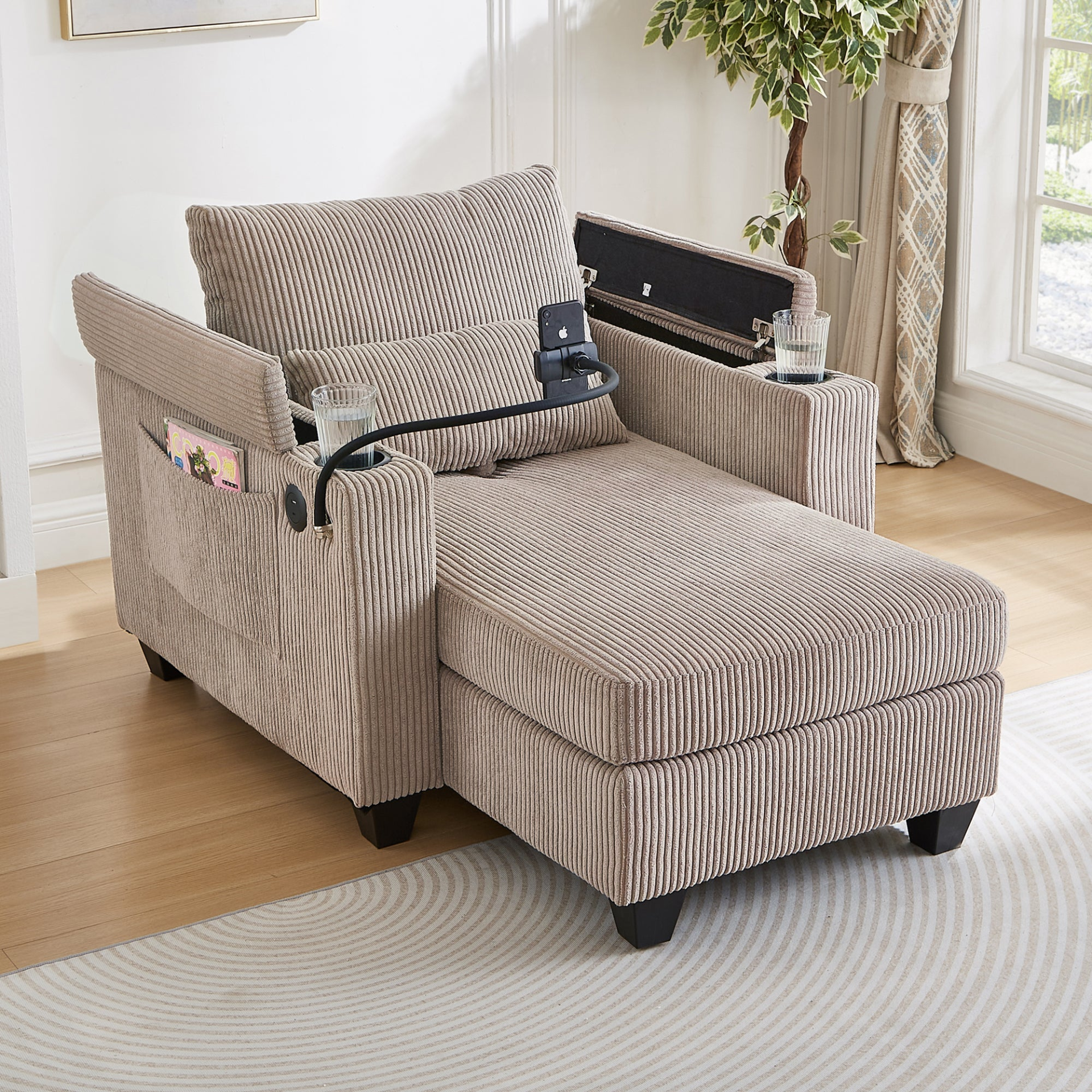 Start2Finish convertible chaise lounge sofa chair with USB ports, cup holders, phone holder, and storage, in a modern living room setting.