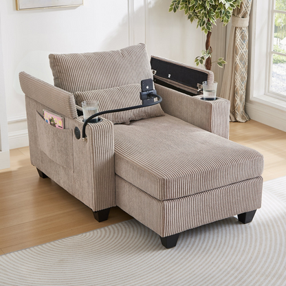 Start2Finish convertible chaise lounge sofa chair with USB ports, cup holders, phone holder, and storage, in a modern living room setting.