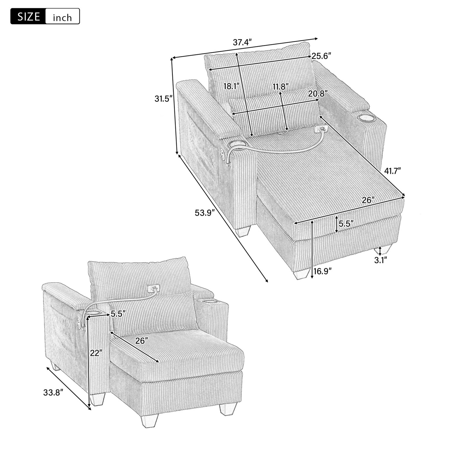 Start2Finish convertible chaise lounge sofa chair with USB ports, cup holders, phone holder, and storage in a modern design.