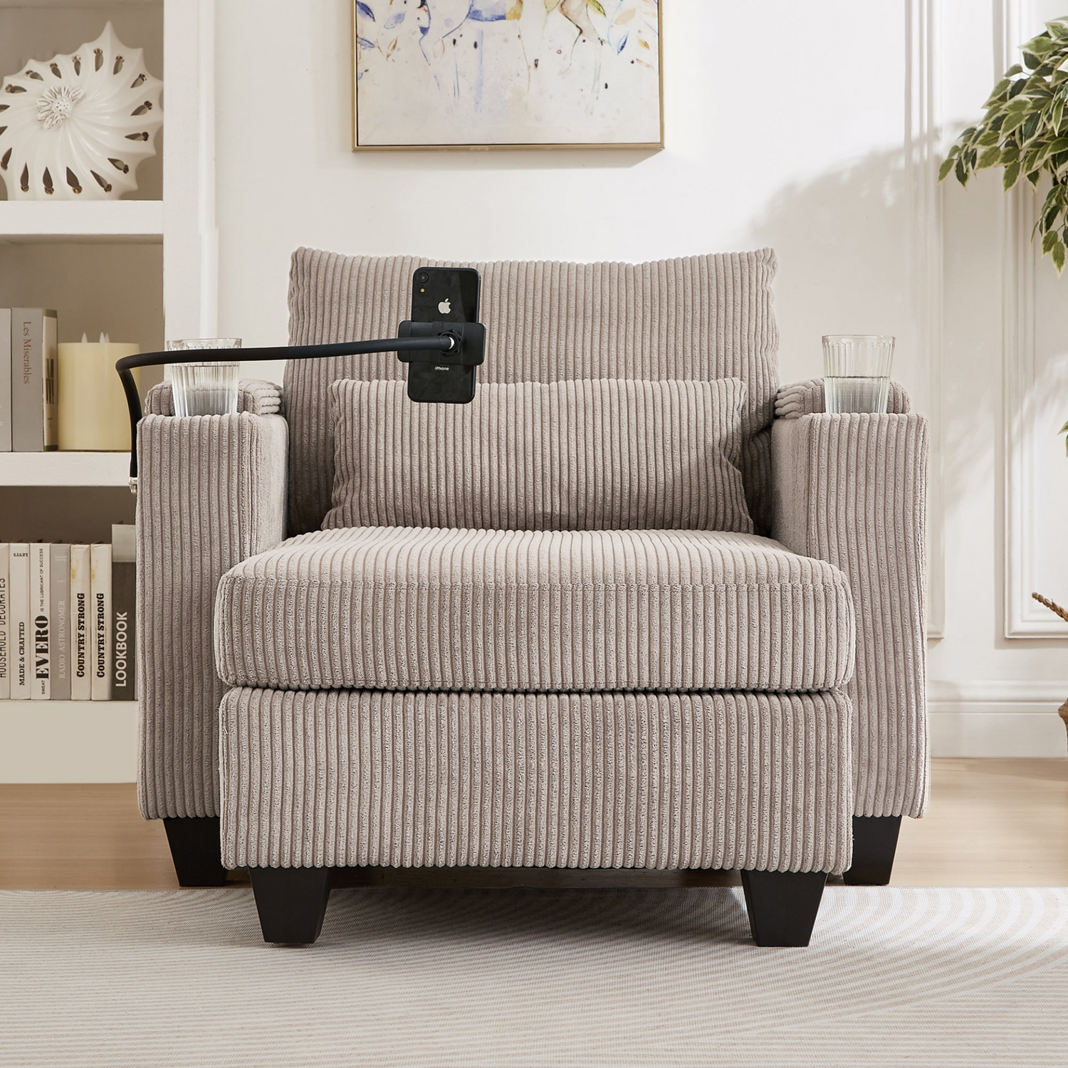 Start2Finish convertible chaise lounge sofa chair with USB ports, cup holders, phone holder, and storage in a modern living room setting.
