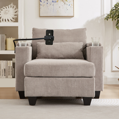 Start2Finish convertible chaise lounge sofa chair with USB ports, cup holders, phone holder, and storage in a modern living room setting.
