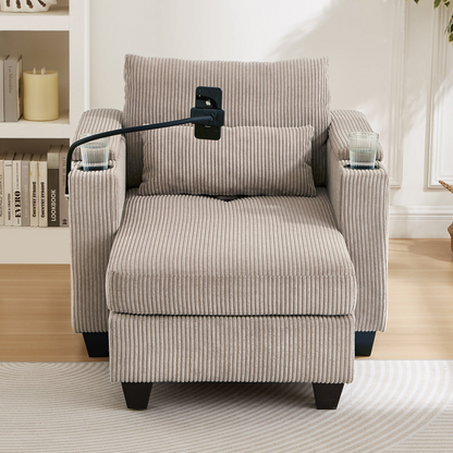 Start2Finish convertible chaise lounge sofa chair with USB ports, cup holders, phone holder, and storage in a modern living room