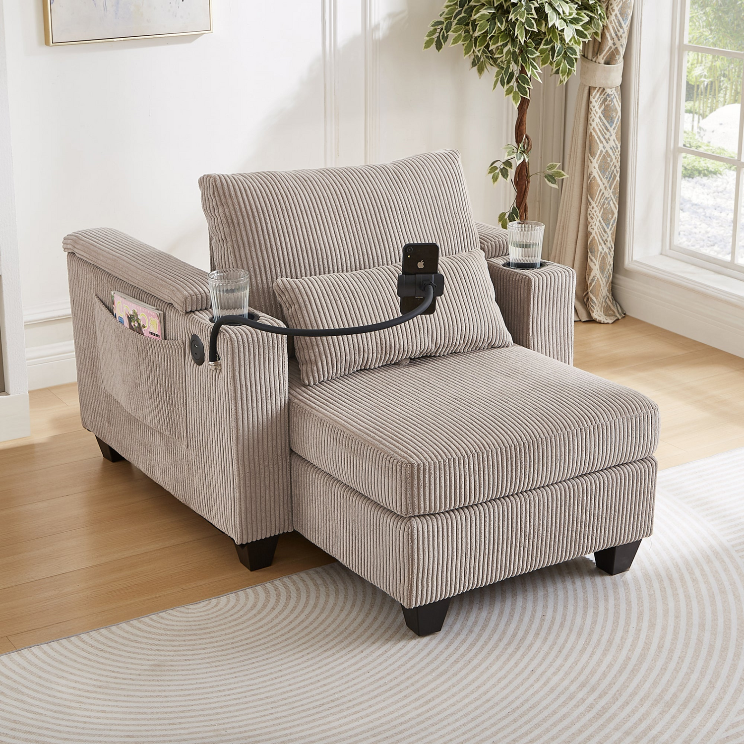 Start2Finish convertible chaise lounge sofa chair with USB ports, cup holders, phone holder, and storage in a modern design.