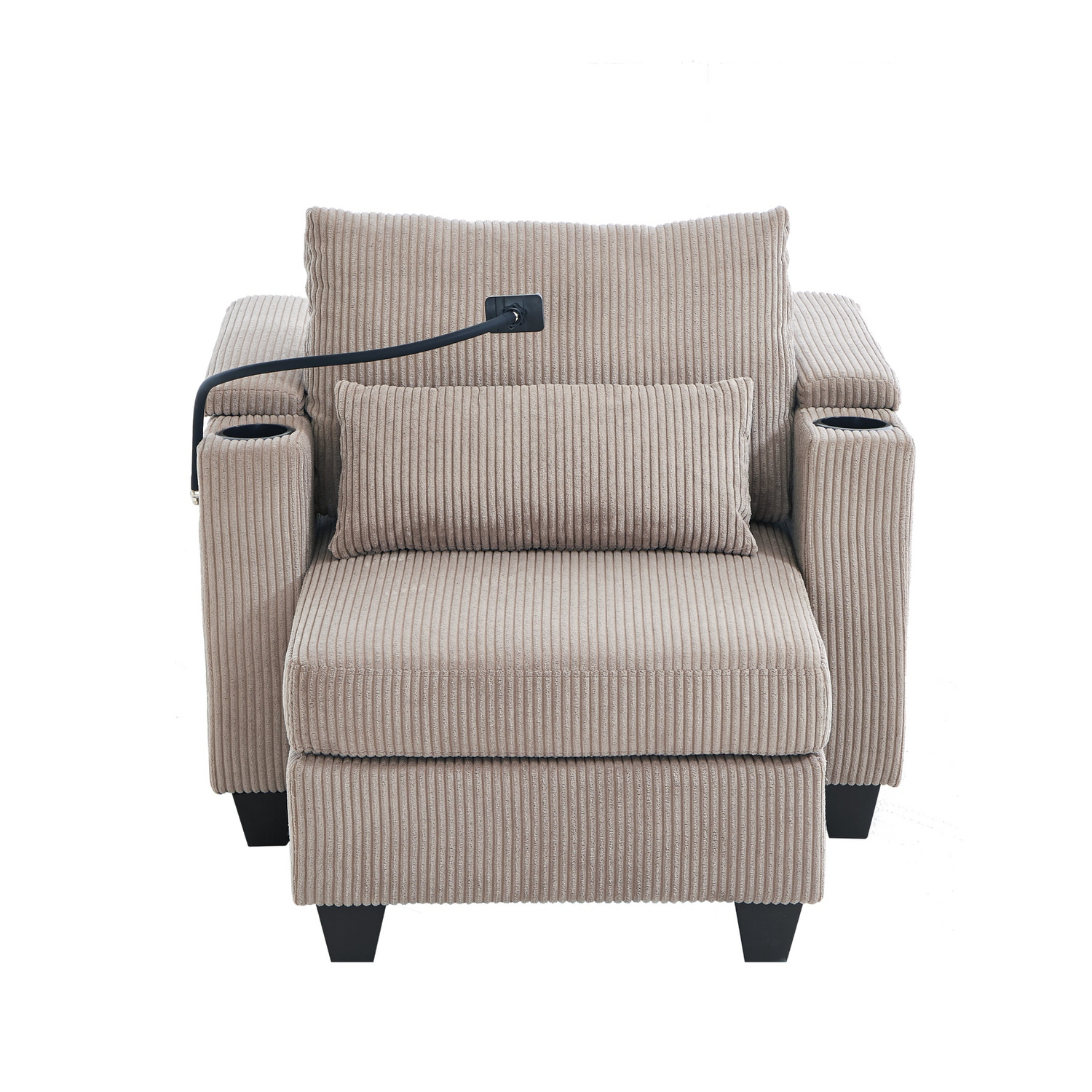 Start2Finish convertible chaise lounge sofa chair with USB ports, cup holders, phone holder, and storage in a modern living room setting.