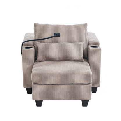 Start2Finish convertible chaise lounge sofa chair with USB ports, cup holders, phone holder, and storage in a modern living room setting.