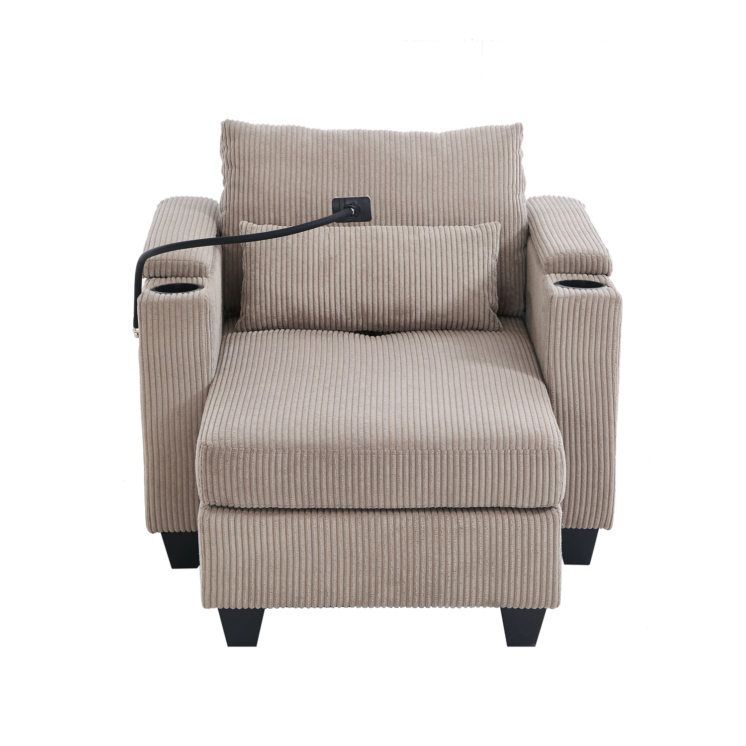 Start2Finish convertible chaise lounge sofa chair featuring USB ports, cup holders, phone holder, and storage in a modern design.