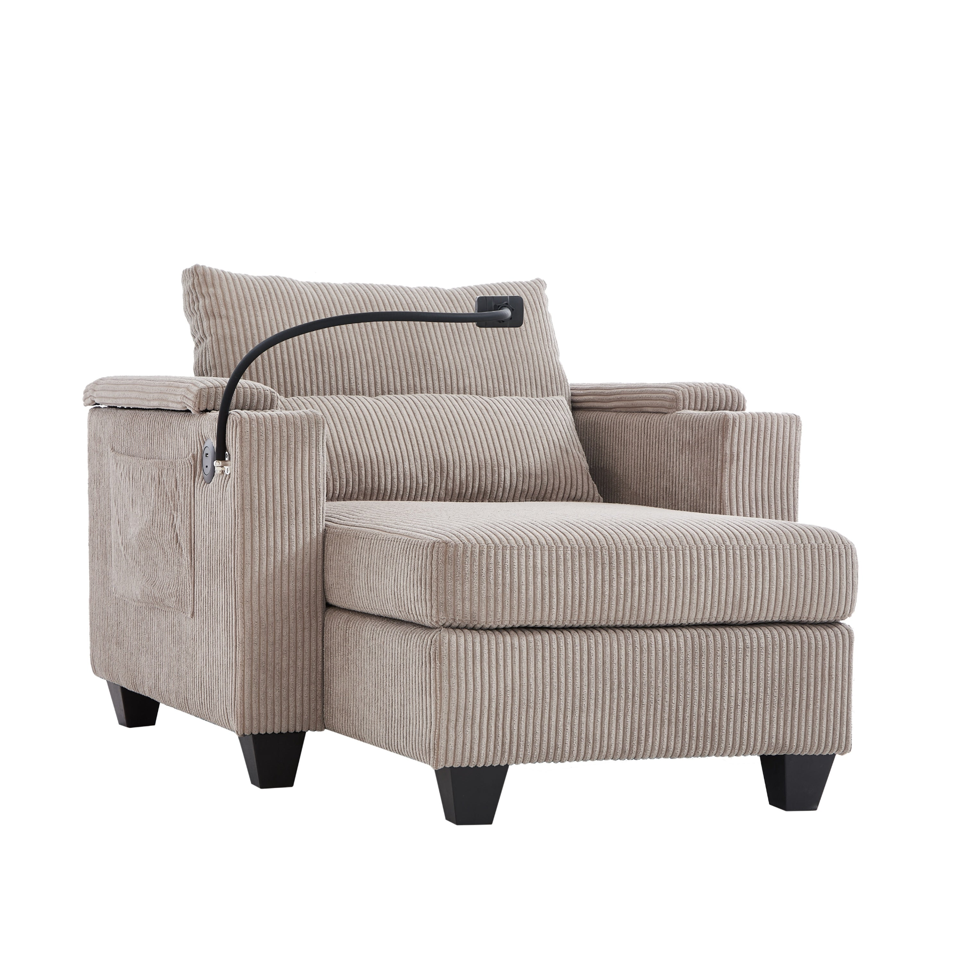 Start2Finish convertible chaise lounge sofa chair with USB ports, cup holders, phone holder, and storage, shown in a modern living room setting.