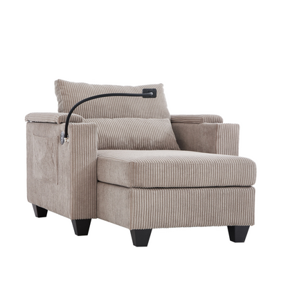Start2Finish convertible chaise lounge sofa chair with USB ports, cup holders, phone holder, and storage, shown in a modern living room setting.