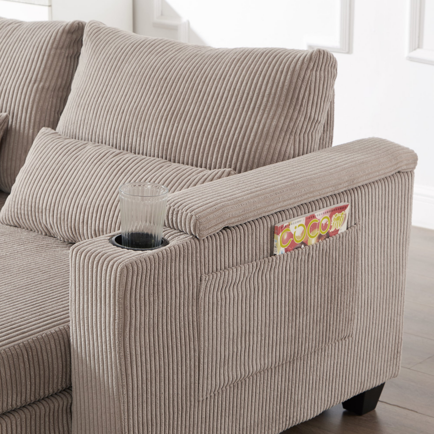 Start2Finish convertible chaise lounge sofa chair with USB ports, cup holders, phone holder, and storage, in a modern design.