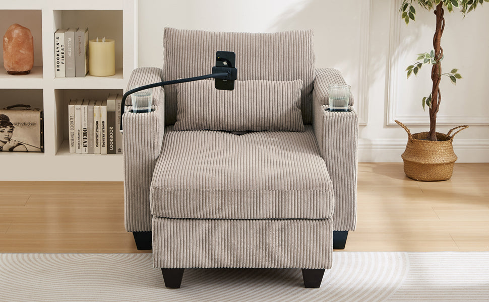 Start2Finish convertible chaise lounge sofa chair with USB ports, cup holders, phone holder, and storage in modern design.