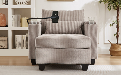 Start2Finish convertible chaise lounge sofa chair with USB ports, cup holders, phone holder, and storage in a modern living room setting.