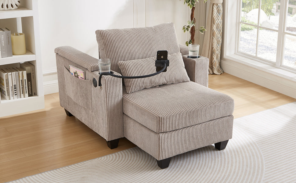 Start2Finish convertible chaise lounge sofa chair with USB ports, cup holders, phone holder, and storage in a modern living room setting.
