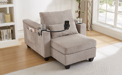 Start2Finish convertible chaise lounge sofa chair with USB ports, cup holders, phone holder, and storage in a modern living room setting.