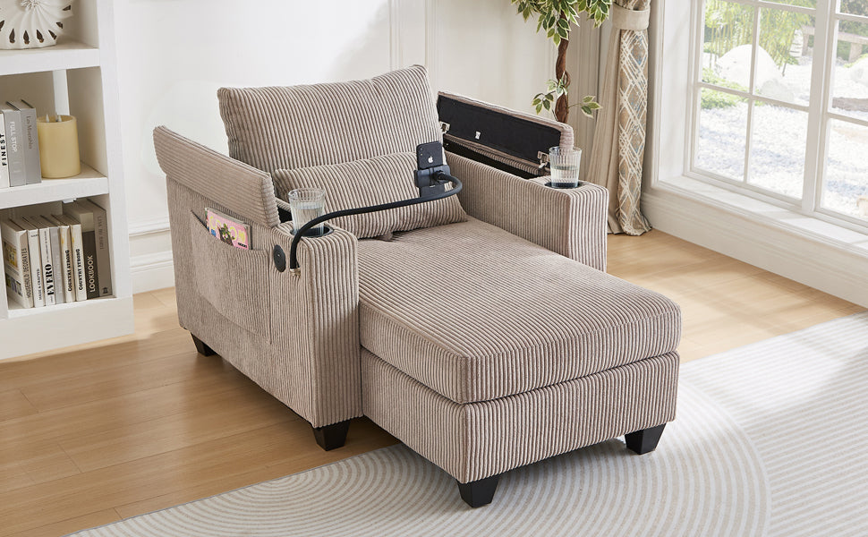 Start2Finish convertible chaise lounge sofa chair with USB ports, cup holders, phone holder, and storage in a modern design.