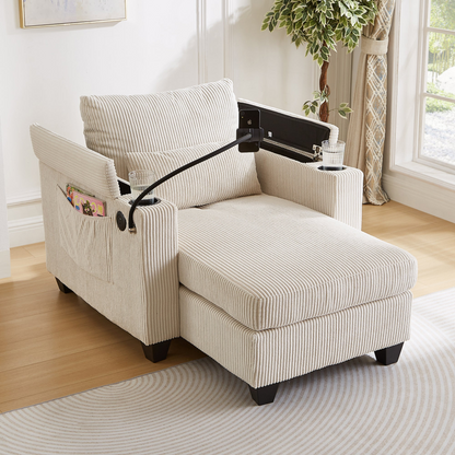 Start2Finish convertible chaise lounge sofa chair with USB ports, cup holders, phone holder, and storage in a modern design.