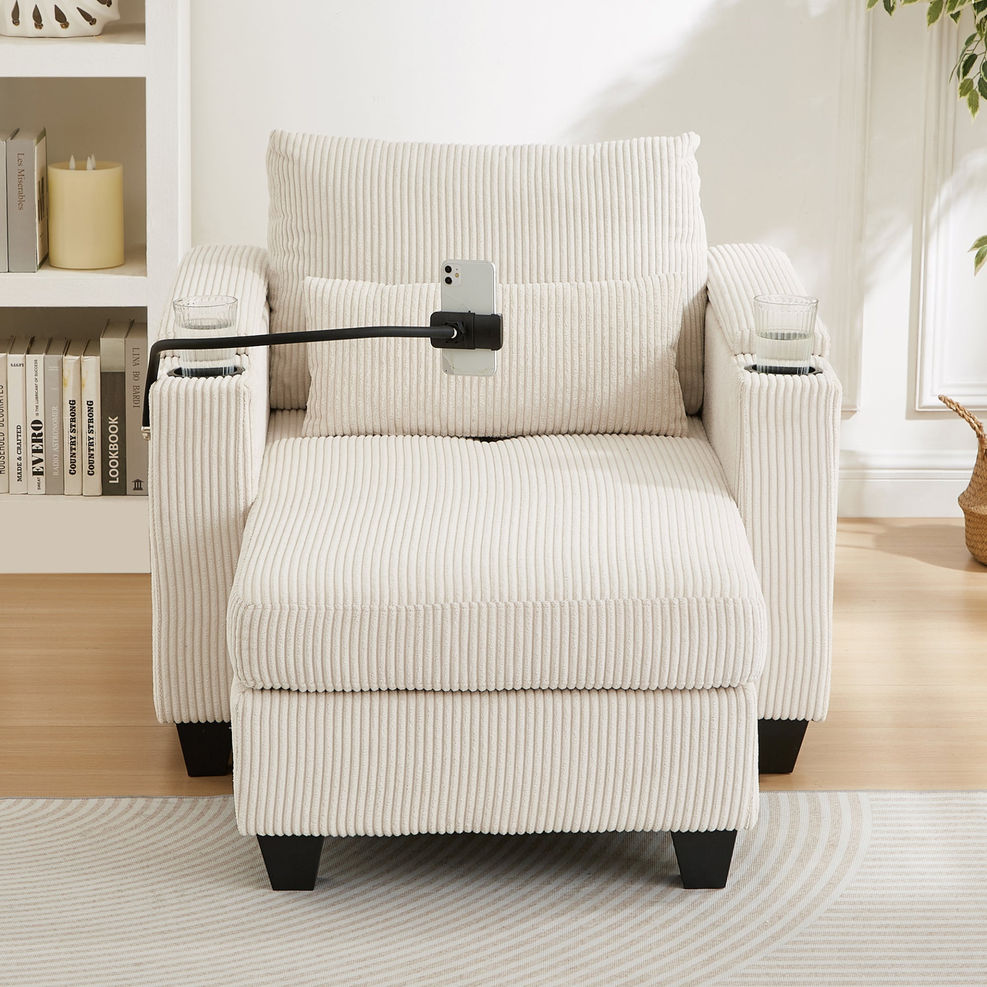 Start2Finish convertible chaise lounge sofa chair with USB ports, cup holders, phone holder, and storage in modern fabric.