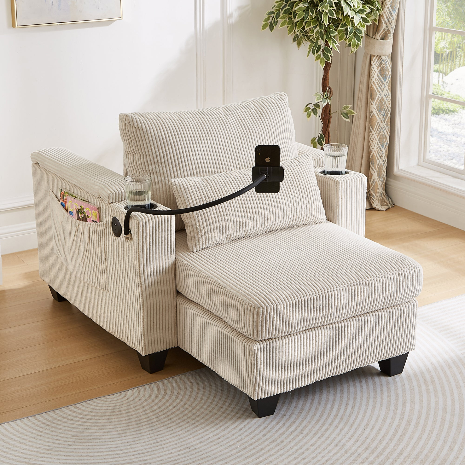 Start2Finish convertible chaise lounge sofa chair with USB ports, cup holders, phone holder, and storage in a modern design.