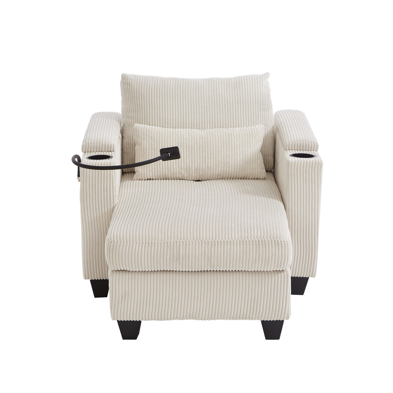 Start2Finish convertible chaise lounge sofa chair with USB ports, cup holders, phone holder, and storage in a modern living room setting.