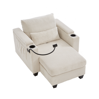 Start2Finish convertible chaise lounge sofa chair with USB ports, cup holders, phone holder, and storage for added comfort.