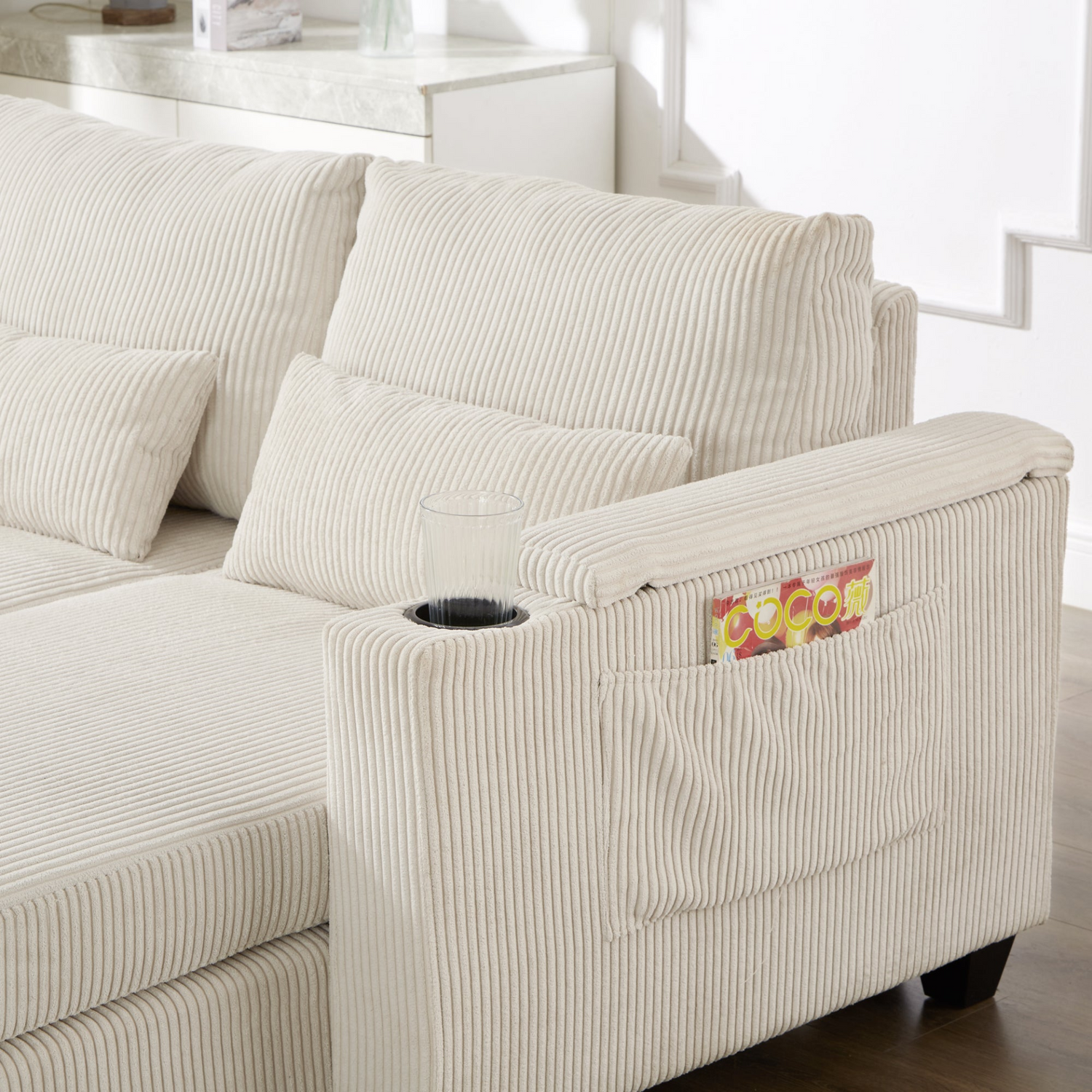 Start2Finish convertible chaise lounge sofa chair with USB ports, cup holders, phone holder, and storage in a modern living room setting.