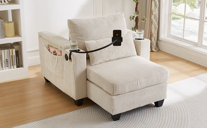 Start2Finish convertible chaise lounge sofa chair with USB ports, cup holders, phone holder, and storage in a modern fabric.