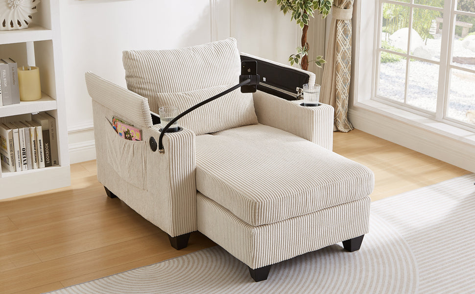 Start2Finish convertible chaise lounge sofa chair with USB ports, cup holders, phone holder, and storage in a modern living room setting.