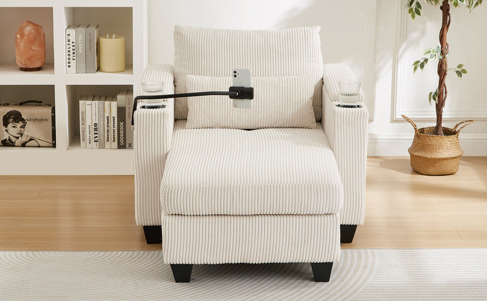 Start2Finish convertible chaise lounge sofa chair with USB ports, cup holders, phone holder, and storage, shown in a living room setting.