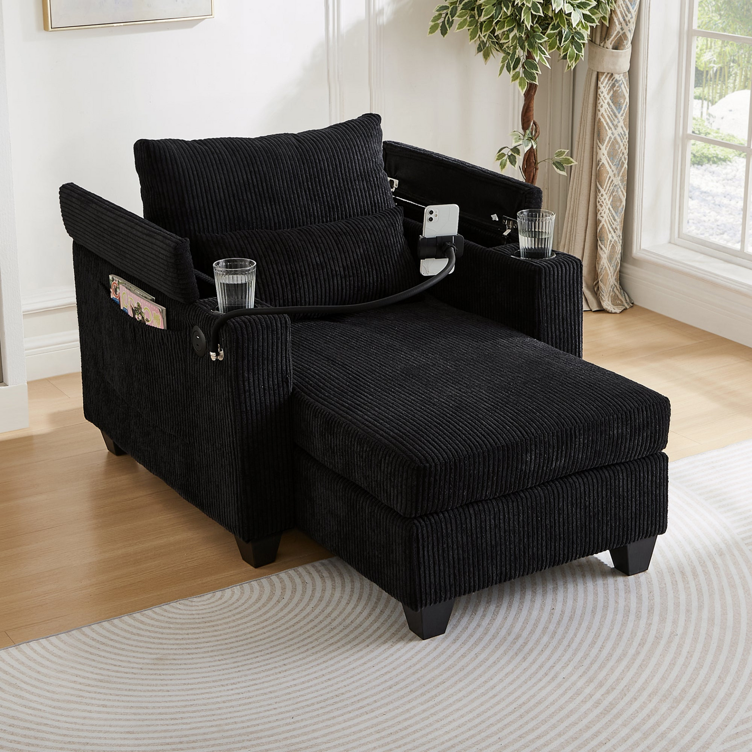 Start2Finish convertible chaise lounge sofa chair with USB ports, cup holders, phone holder, and storage showing in a modern living room.