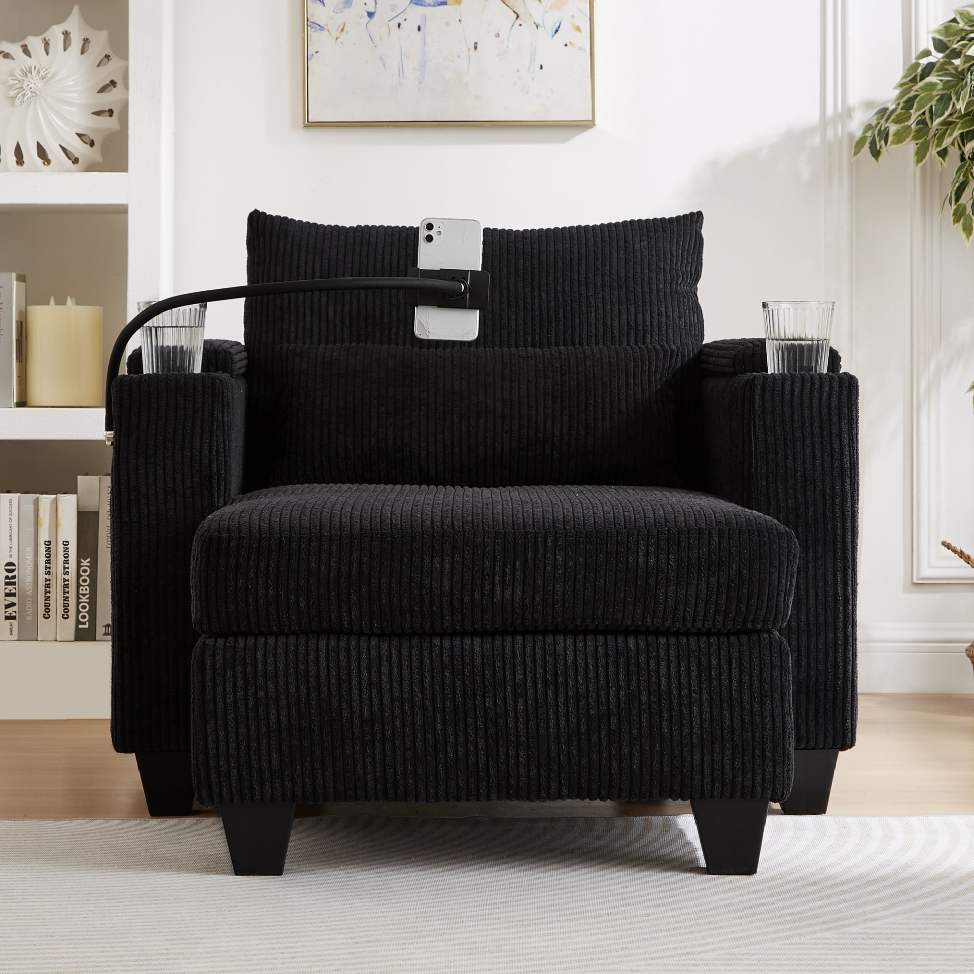 Start2Finish convertible chaise lounge sofa chair with USB ports, cup holders, phone holder, and storage in a modern living room.