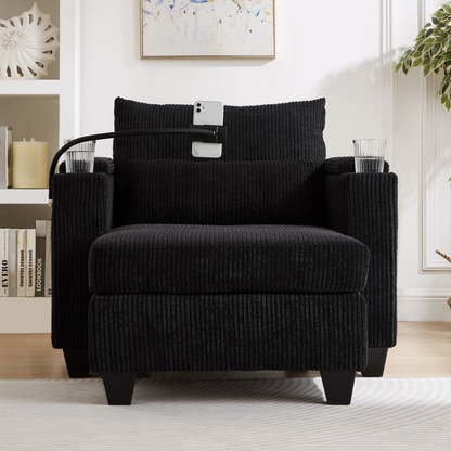 Start2Finish convertible chaise lounge sofa chair with USB ports, cup holders, phone holder, and storage in a modern living room.