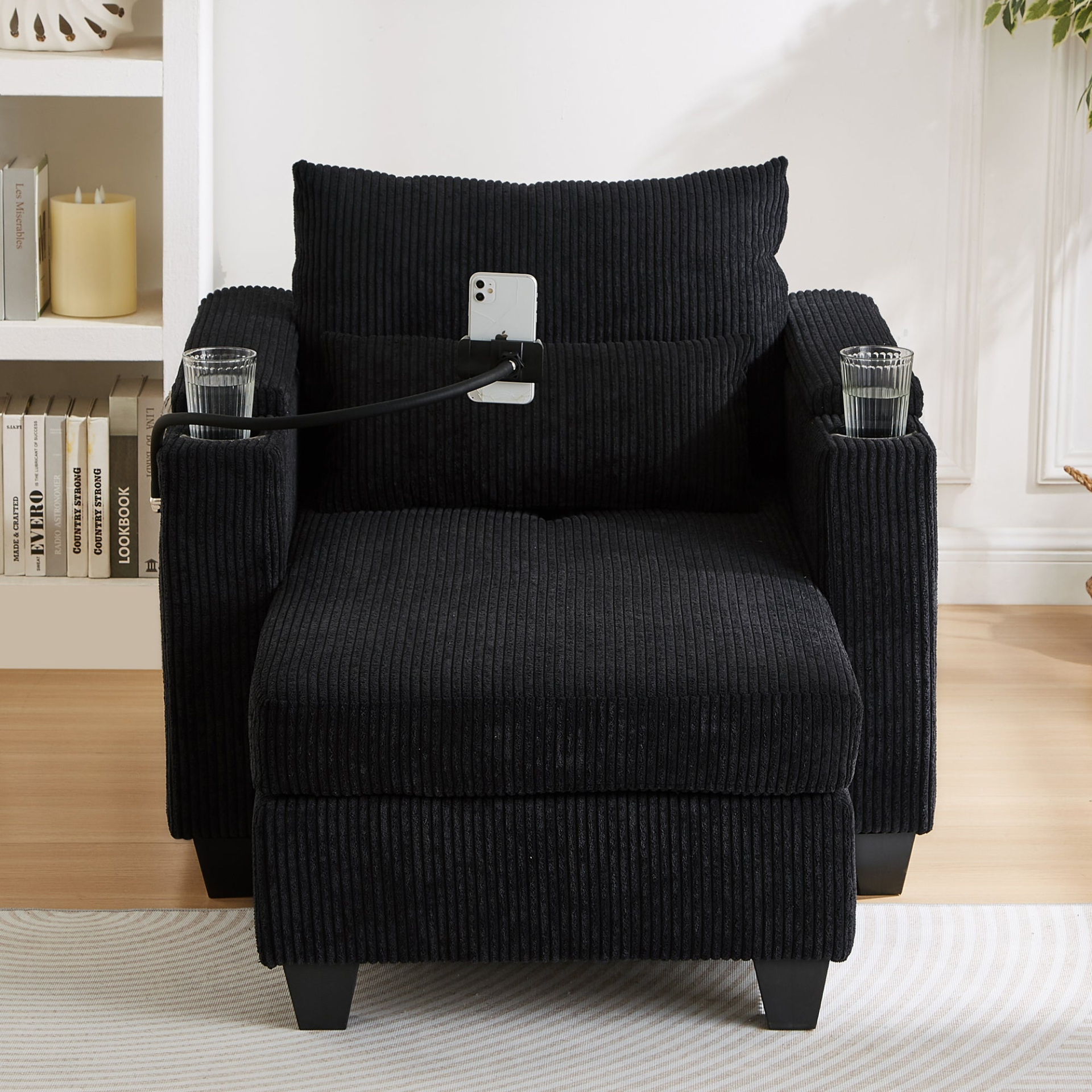Start2Finish convertible chaise lounge sofa chair with USB ports, cup holders, phone holder, and storage in a modern design
