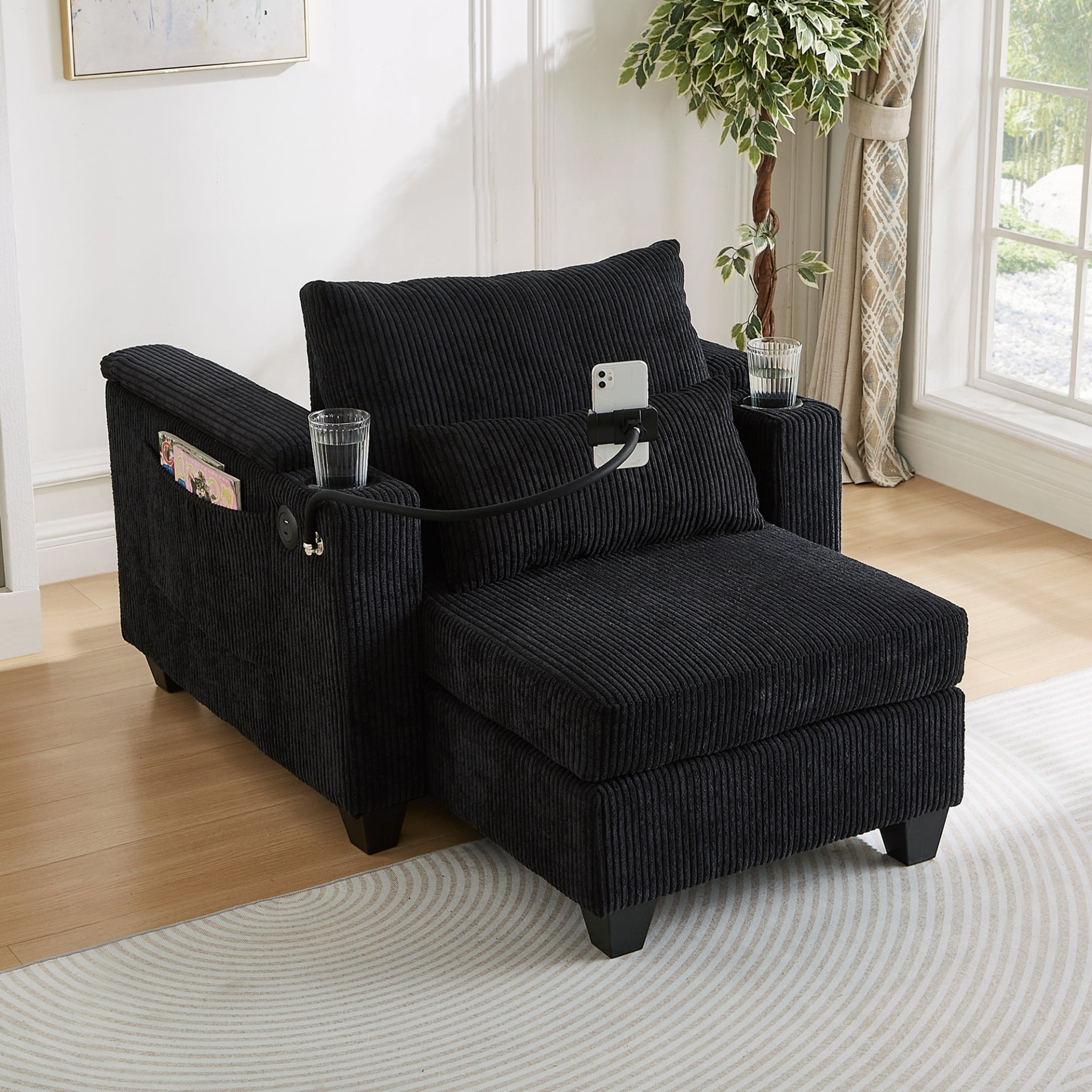 Start2Finish convertible chaise lounge sofa chair with USB ports, cup holders, phone holder, and storage in a modern design.
