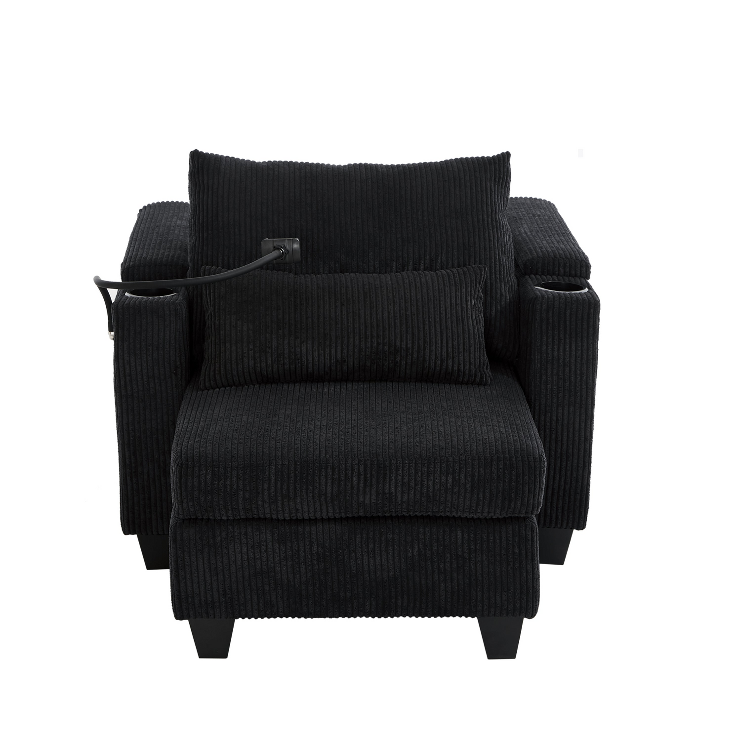 Start2Finish convertible chaise lounge sofa chair with USB ports, cup holders, phone holder, and storage, shown in a modern living room setting.