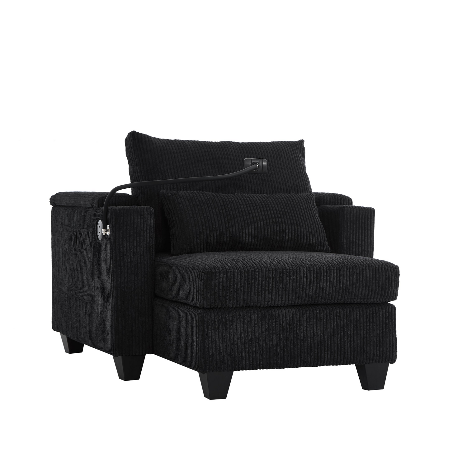 Start2Finish convertible chaise lounge sofa chair with built-in USB ports, cup holders, phone holder, and storage in a modern design.