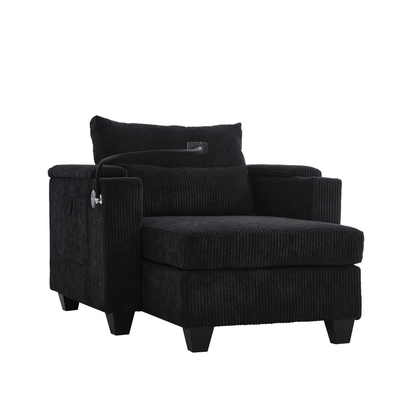 Start2Finish convertible chaise lounge sofa chair with USB ports, cup holders, phone holder, and storage, shown in a modern living room setting.